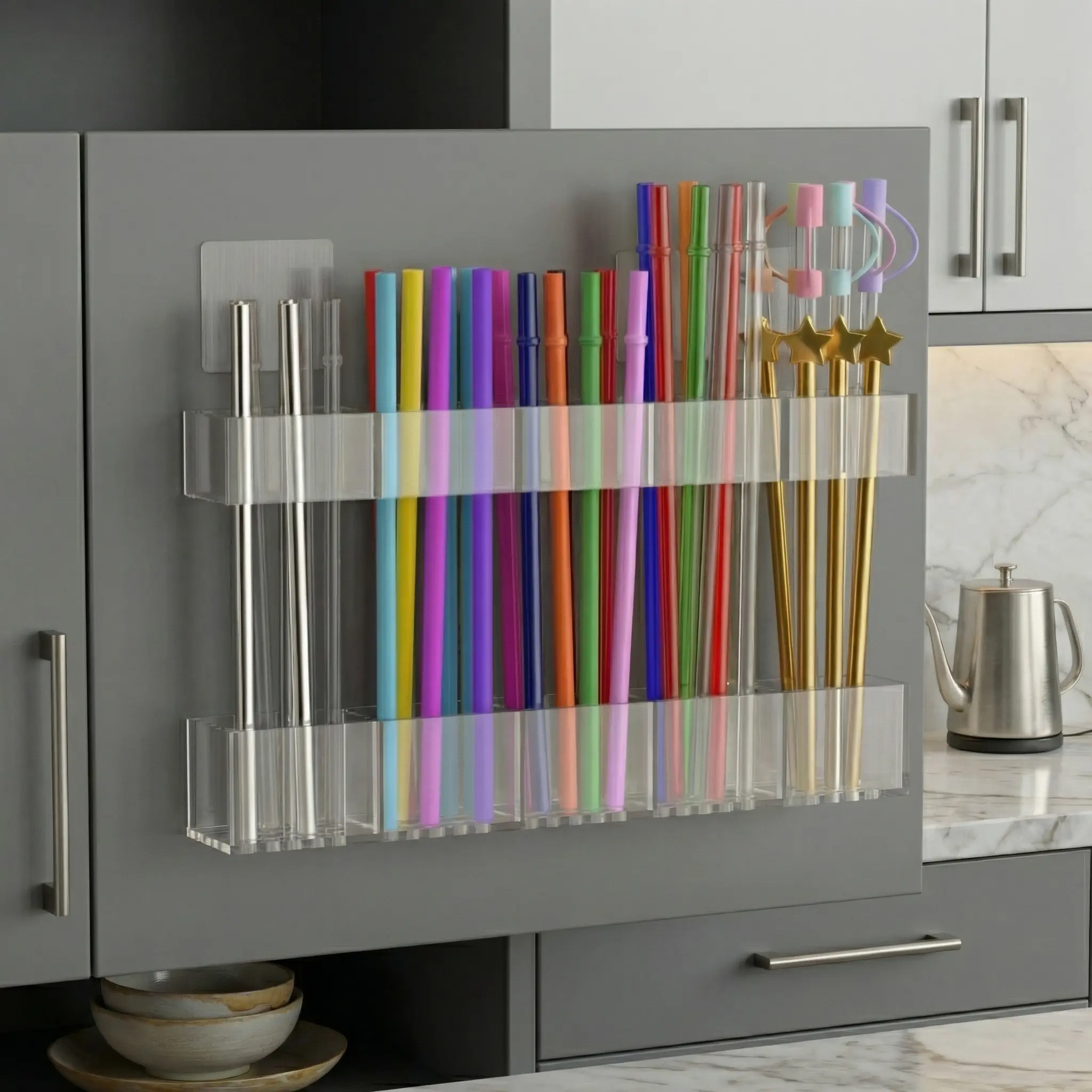 9.5 inch Large Clear Acrylic Straw Organizer for Cabinet Door Reusable Stick On Storage Holder with Strong Adhesive Space Saving Kitchen Accessory for Countertops and Cabinets Transparent Straw Storage Rack