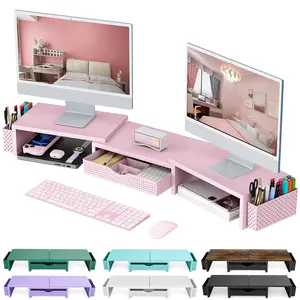 Dual Monitor Stand Riser, Desk Organizer With Drawer and 2 Pen Holders,Desk Organizers and Accessories, Pink Office Supplies (Pink)