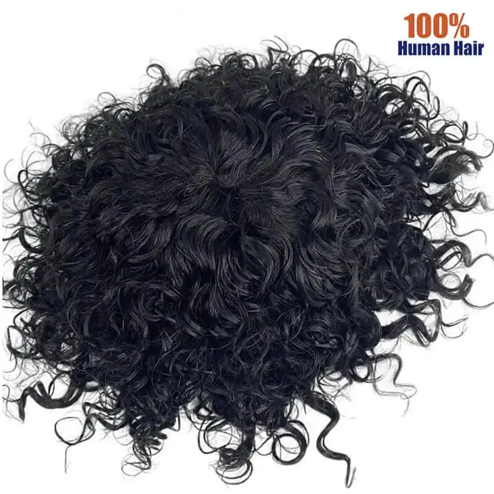 Toupee Hair Men Mono Lace with PU Around Kinky Curly Human Hair System Men's Wig Male Hair Replacement Mens Toupee hair toppers for men Natural Black
