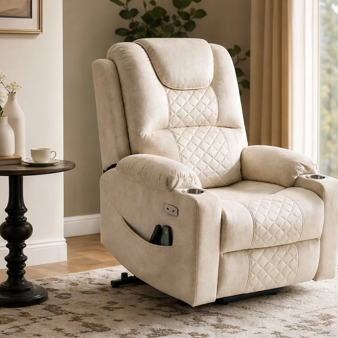 ARCH Oversized Power Lift Accessible Recliner Chair for Elderly - Cream Velvet Upholstered, Single Motor, Infinite Positions, Massage, Lumbar Heating, Cup Holders, USB Ports, Living Room Use, Colors: Cotton, Creamy White, Reddish Brown, Accessible Recline