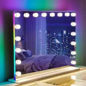 VANITII Hollywood Makeup Mirror with 18 Bulbs Lights 40"x32" RGB Backlit Hollywood Makeup Mirror with Dimmable 3 Lighting Modes Lighted Desktop Wall-Mount Mirror with Smart Touch