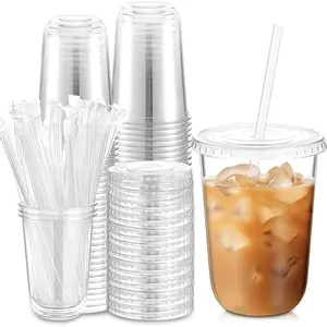 100 Pack 400ml Clear Food Grade Disposable Plastic Cups with Lids & Straws, BPA Free Leak Resistant Round Base Coffee Cups, Water Cups, Top Choice for Holiday Parties Weddings Events, Suitable for Iced Coffee Smoothies Any Beverage