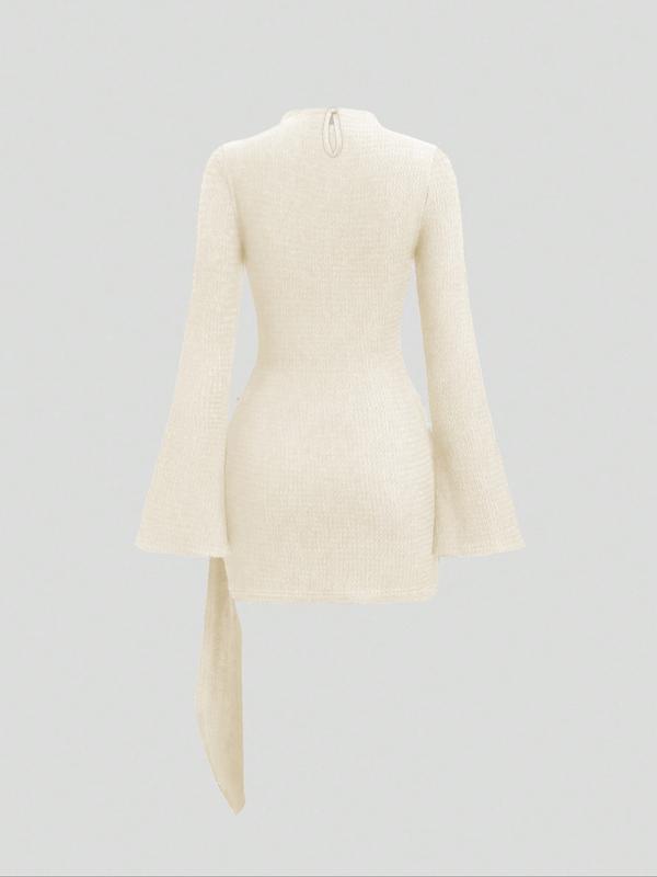 Women's Stand Collar Cinched Waist Minimalist Flare Sleeve Bodycon Midi Dress