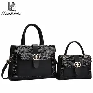 Port&Lotus Medium Capacity Crocodile Embossed 2-Piece Handbag Set for Women, Chic Satchel Purse, Top Handle Shoulder bag with Detachable Crossbody Strap & Gold-Tone Metal Buckle
