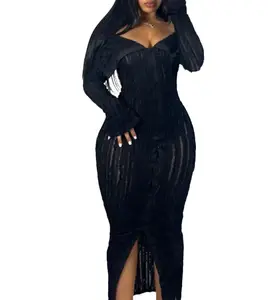 Stretchy Long sleeve 0f-shoulder odycon Dress-Chic Wave Pattem,Machine Washable Polyester lend-Perect for summer/Fall lack Party fabnic Foma Fabric Formal