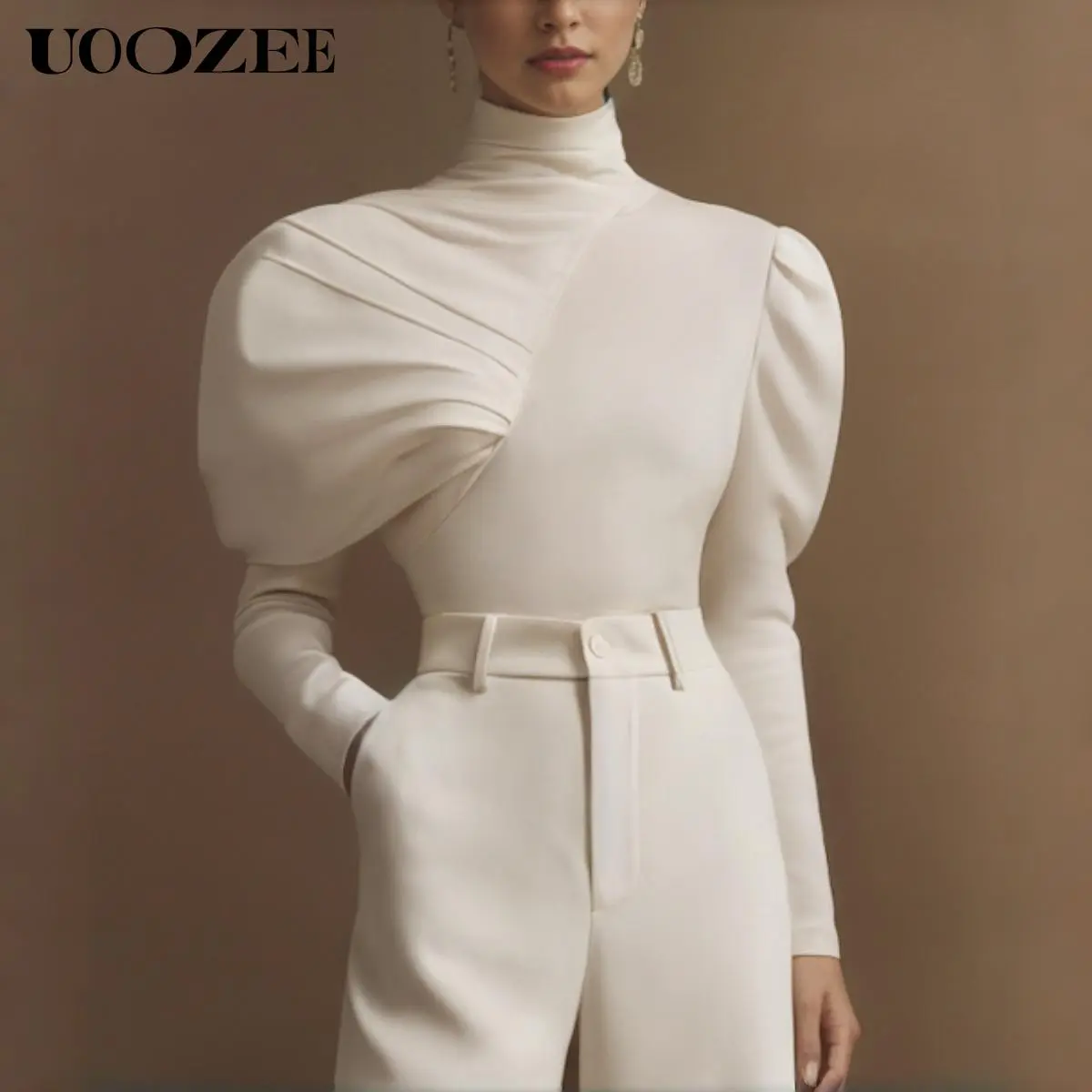 UOOZEE Women's Asymmetric Turtleneck Blouse - Solid Minimalist Pullover with Puffed Long Sleeves, Draped Shoulders, Breathable Polyester Fabric, Bustier Design, Soft Feel, Back Zipper (Ideal for Valentine's Day, Thanksgiving)
