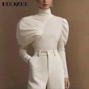 UOOZEE Women's Solid White High Neck Skinny Sweatshirt Top(Only), Elegant Pleated Asymmetric Puff Sleeves Slim Fit T-shirt 2026 Autumn Casual Pullover Tops(One Size Up Recommended for C - Cup and Above)
