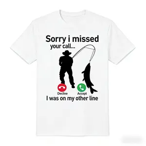 Humorous Fish Fisherman T-Shirt featuring Fishing Phone Call and Line Print Short Sleeved Tee