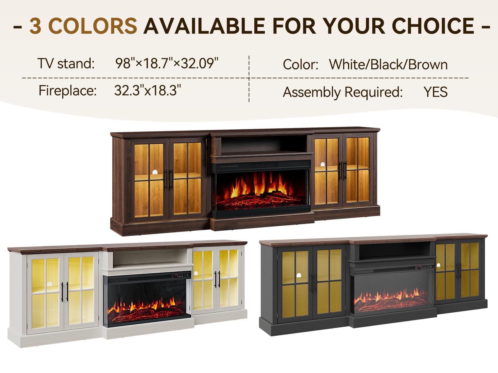 【2 Packages Shipping】 oneinmil 98" Farmhouse TV Stand with 36" Fireplace for TVs up to 100", Media Entertainment Center with Adjustable Shelves and Large Storage Cabinets, for Living Room, White & Black