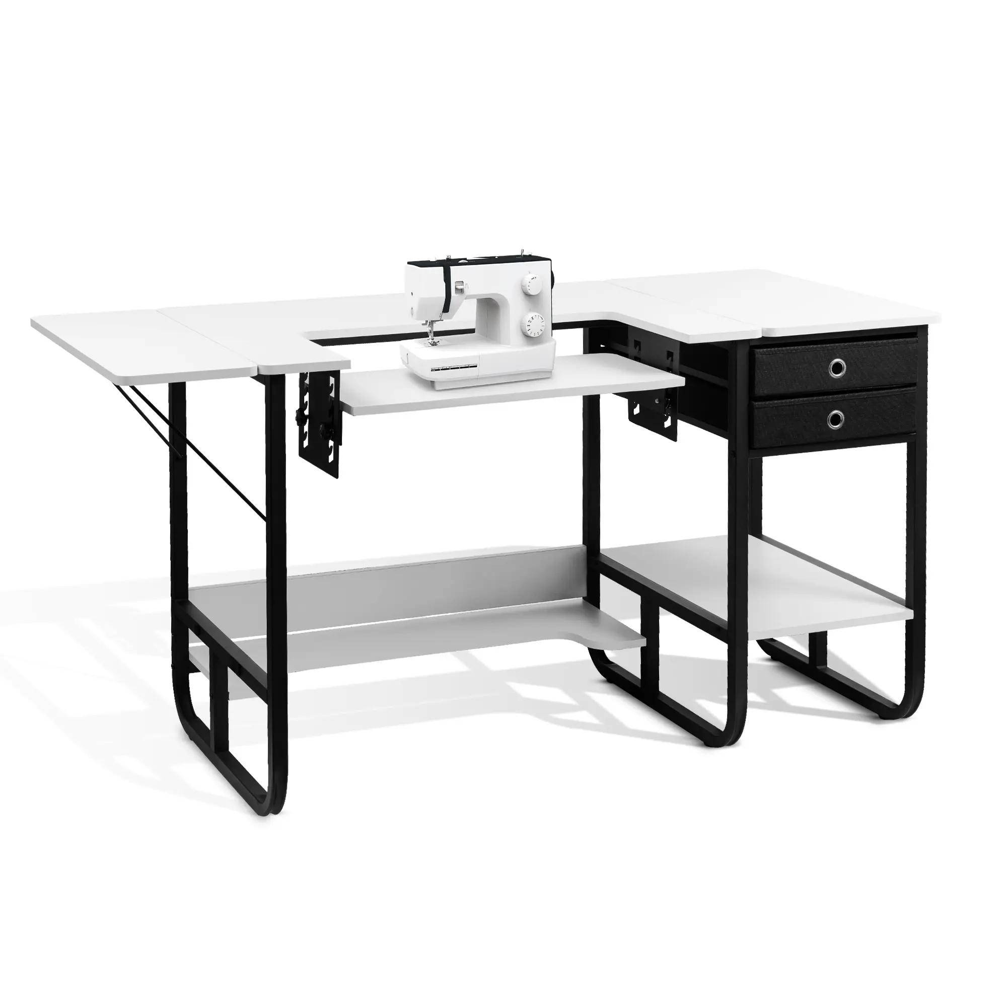 Foldable Sewing Machine Table, Multipurpose Sewing Table with Adjustable Platform, Storage Shelf and 2 Cloth Drawers (Warm White)