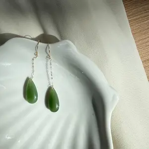18K Gold Water Drop Natural Jade Dangle Earrings