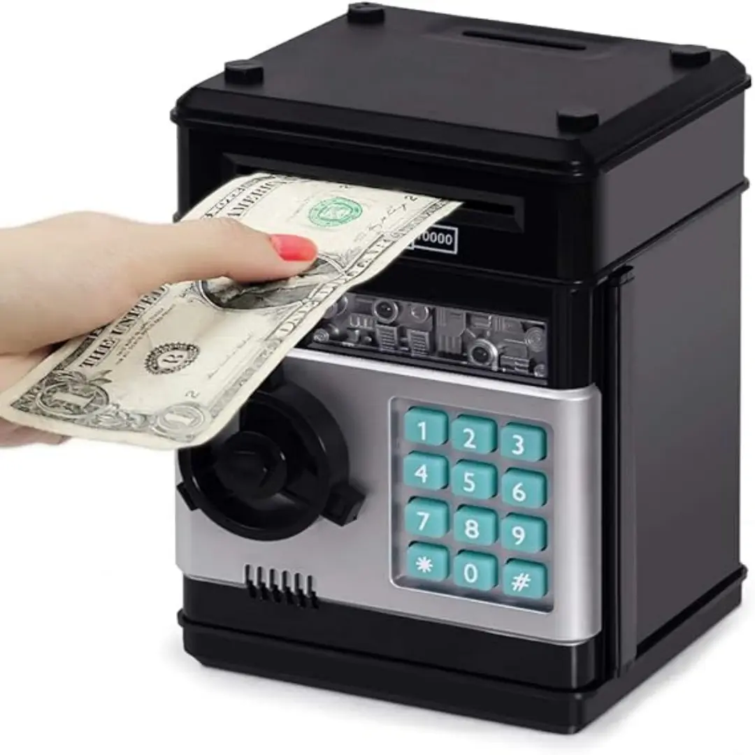 Password Code Lock Electronic Piggy Bank - Secure ABS Mini ATM Savings Box for Kids, Durable Black Cash, Coin & Note Storage Toy, Christmas/Birthday Gifts for 3-12 Year Old Boys & Girls