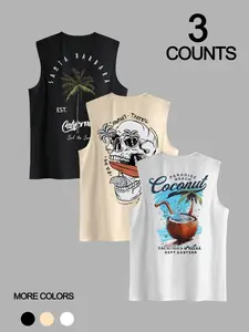 Men's 3-Piece Set with Coconut Tree Graphic Print Round Neck Sleeveless T-Shirt, Casual Comfortable Top, Summer Outdoor Fitness Wear, Casual Summer Clothes
