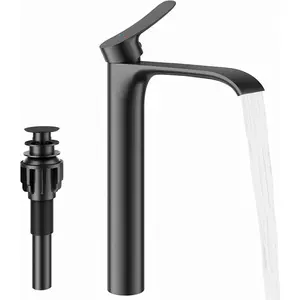Tall Waterfall Faucet for Sink, Single Handle 1 Hole Deck for Tall Tops, Pop-Up Drain Stopper & Hot/Cold Supply, Sink Faucets Black