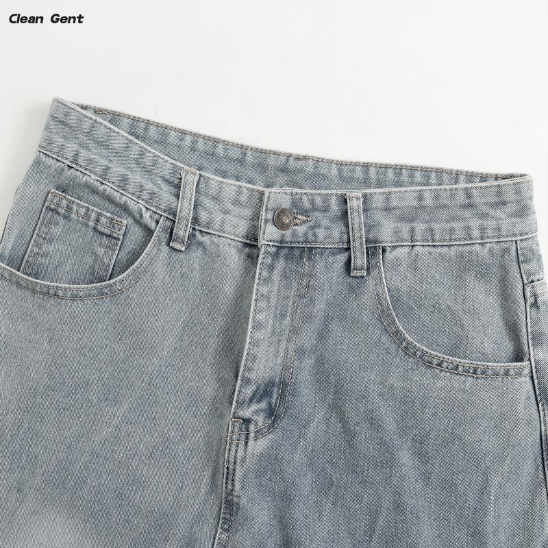 Clean Gent Men's Vintage Washed Loose Straight Jeans, Casual All-Season Trousers, Street Style, Zipper Fly, Solid Color Pattern, Everyday Denim Pants