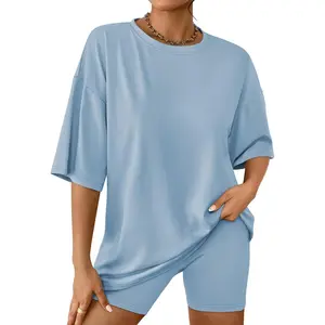 Womens 2 Piece Biker Short Set Oversized T Shirt Lounge Matching Outfit Summer Casual Travel Set