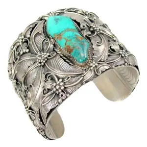 Bohemian Vintage Indian Style Open Bracelet | Turquoise Stone, Intricate Floral Engravings, Alloy Material, for Casual Attire or Special Occasions, Yearround Wear