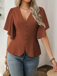 Women's Fashion Casual Deep V Neck Solid Color Fitted Short Sleeve Top, Elegant Waist Cinch Design, No Button or Zipper, Apparel
