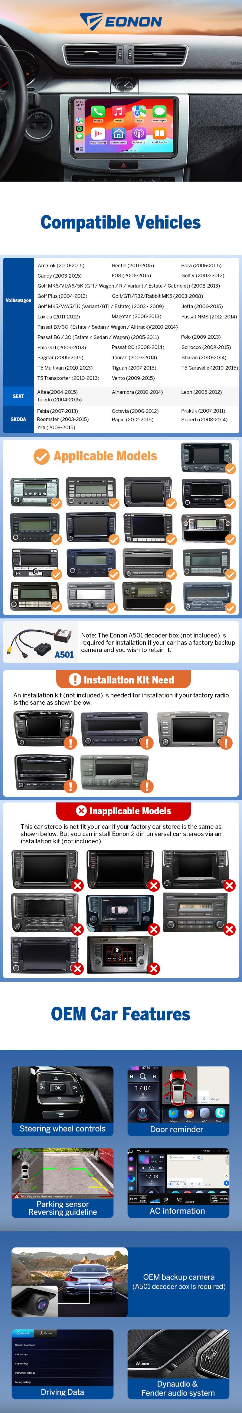 EONON Car Stereo for VW SEAT Skoda, Golf, Jetta, Polo, Passat, Scirocco, Tiguan, T5, Touran, Sharan, EOS, Fabia, Praktik, Wireless CarPlay & Android Auto Car Radio Touch Screen, 10.1" Android 14 Car head unit, AM/FM, SWC, BT - VWX7A / VWX6S