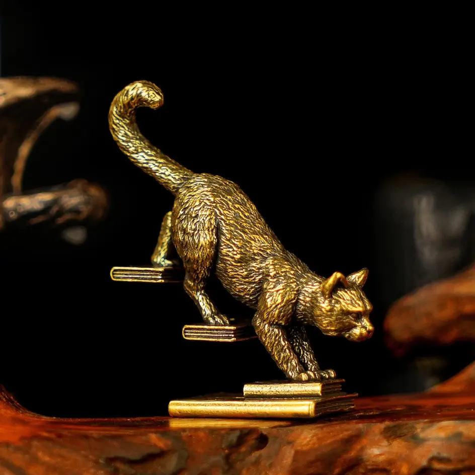 Vintage Brass Cat Figurine Walking on Books Sculpture, Retro Cute Animal Statue Desktop Ornament for Home Office Bookshelf and Tea Pet Decor Solid Brass Walking Down Stairs Cat Figurine – Retro Playful Feline Sculpture Home Decor