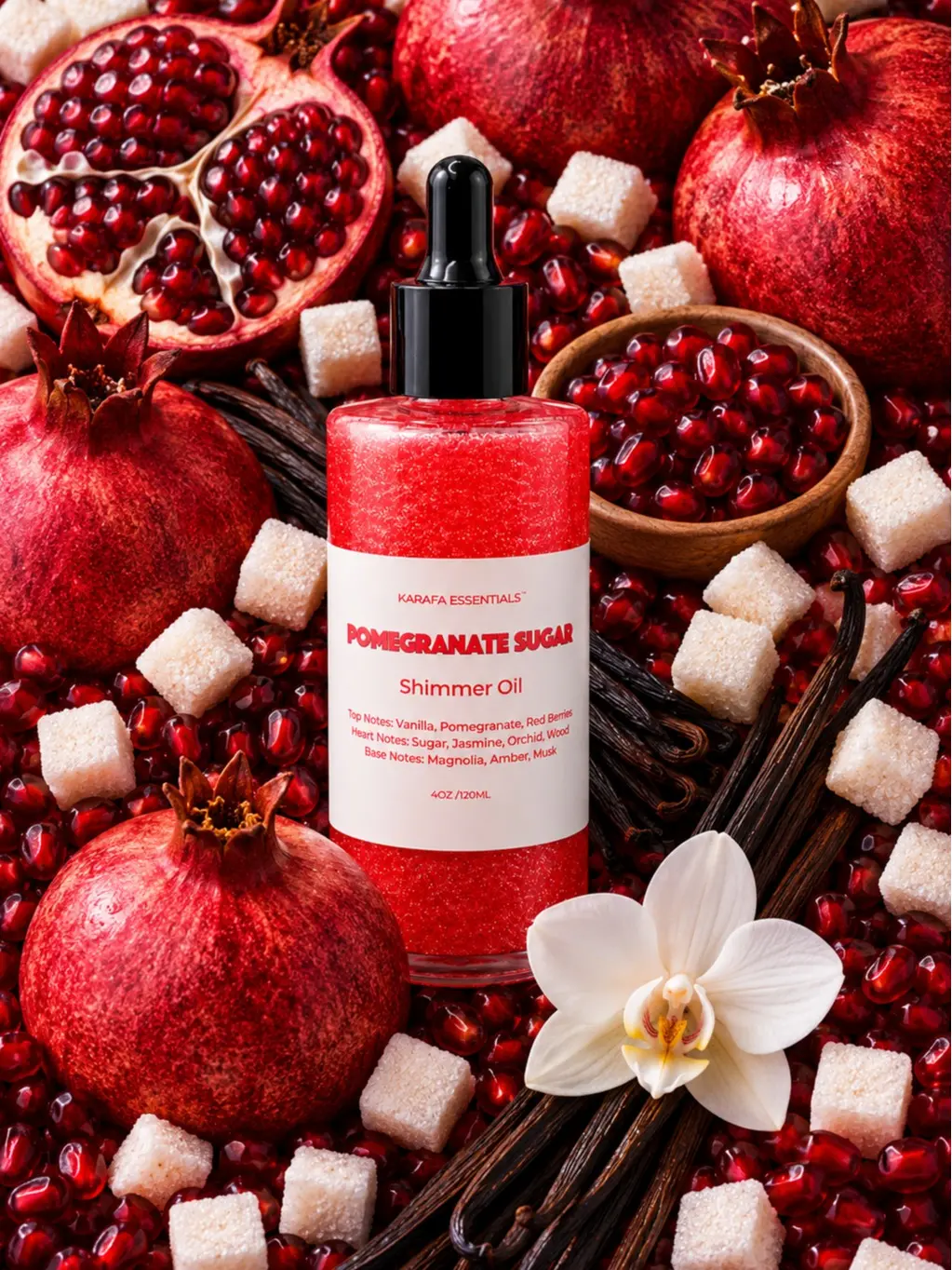 Pomegranate Sugar Moisturizing Body Oil with Vanilla, Pomegranate, Red Berries, Sugar, Jasmine, Orchid, Woods, Magnolia, Amber, Musk for Radiant Skin by Karafa Essentials