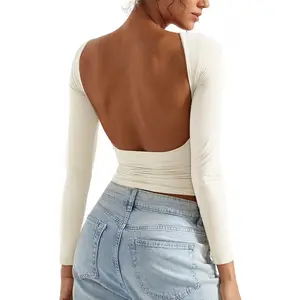 Women Backless Going Out Tops Double Lined Open Back Basic Long Sleeve