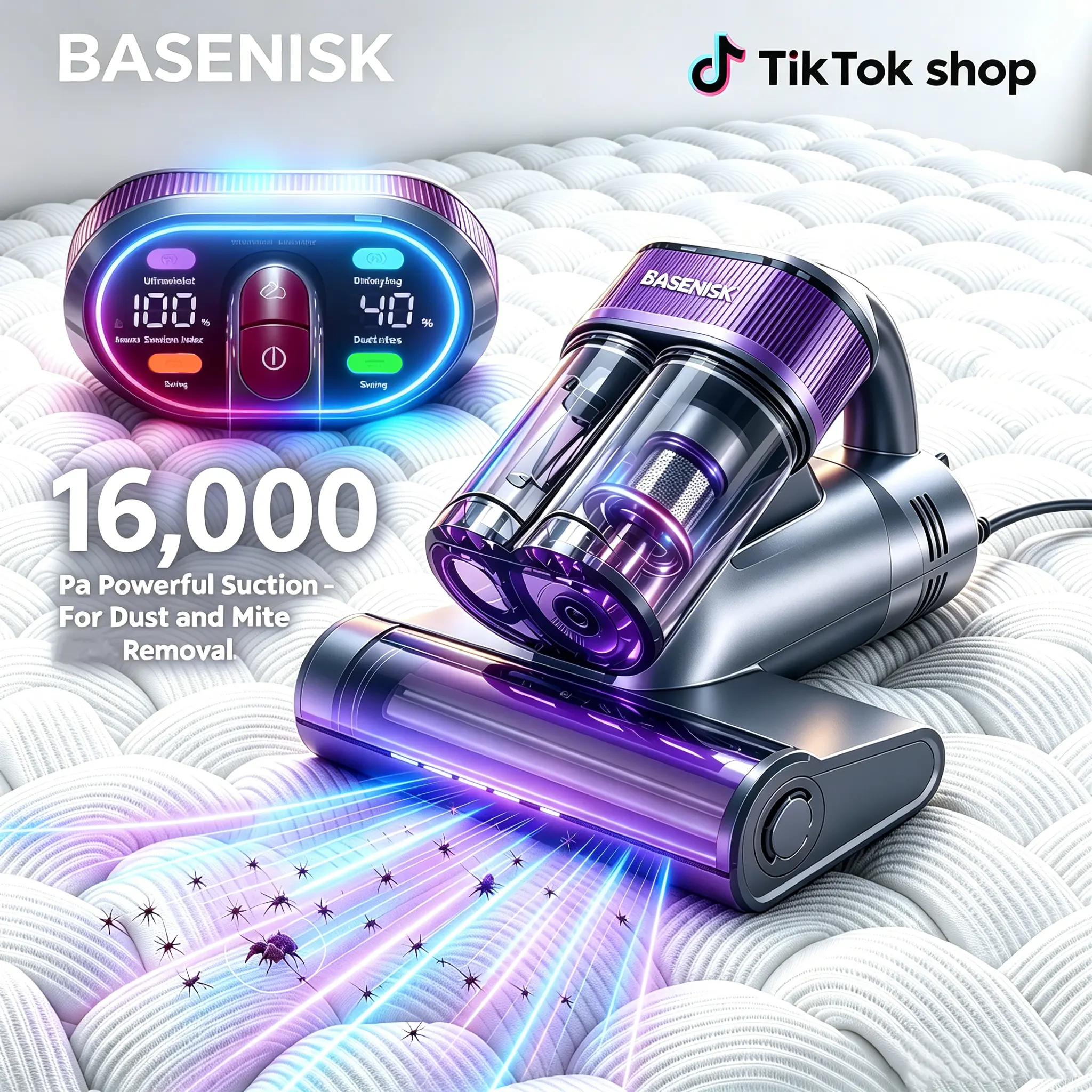 BASENISK Handheld Mattress Vacuum Cleaner - 16000Pa Power Corded Device for Dust Mites Removal, UV-C Light, 149°F Hot Air Drying, LED Display, Aroma Fresh, HEPA Filter, Auto Mode Sensing, Smart Lightweight Deep Cleaner for Bed Sofa #tiktokshopstockup