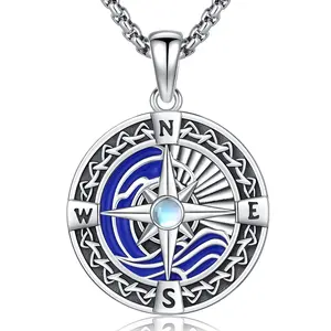 Bernashen S925 Compass Compass Necklace Men's Compass Pendant Silver Chain with Engraving Necklace Viking Compass Jewellery for Men Women