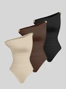 Elegant Special Metal Buckle Off-Shoulder Women's Bodycon Tight-Fitting Three-Piece Set, Stylish and Comfortable Fashion Bodysuits