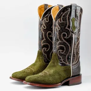 Olive Green Rough-Out Boots - Square Toe