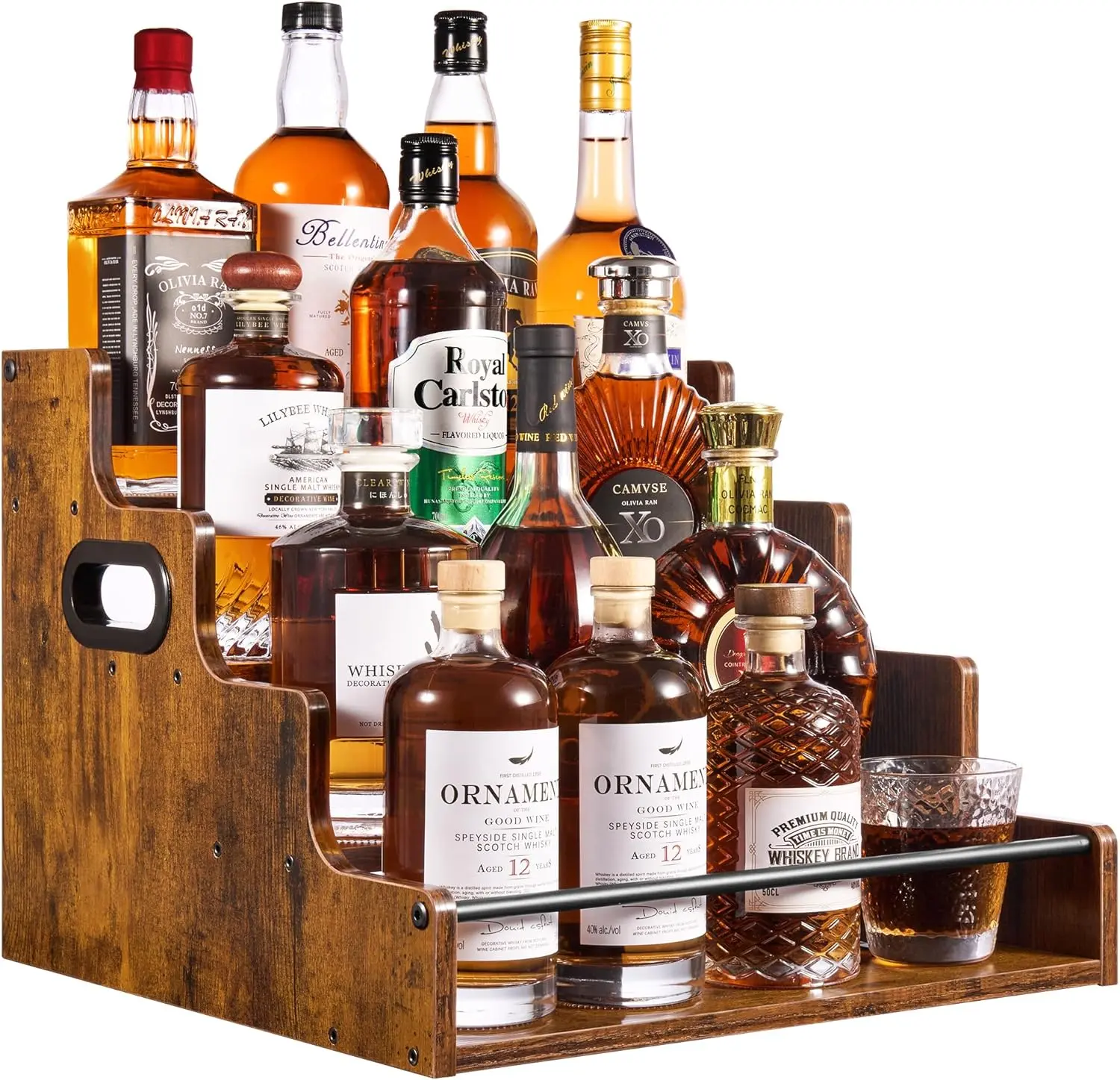 Vintage Wooden Wine Bottle Storage Rack - Multi-Tier Rustic Trapezoid Display Stand with Handle, Kitchenware Wooden Board Organizer for Home Bars, Countertop Room Decor Storage Box, Beauty