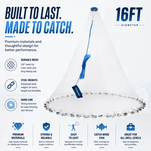 8ft Radius Heavy Duty Cast Net Fishing Equipment - 3331 Monofilament Material, 3/8in Mesh, Galvanized Steel Chain Sinkers, Easy-Throw Bait Trap, Fisherman-Friendly Design