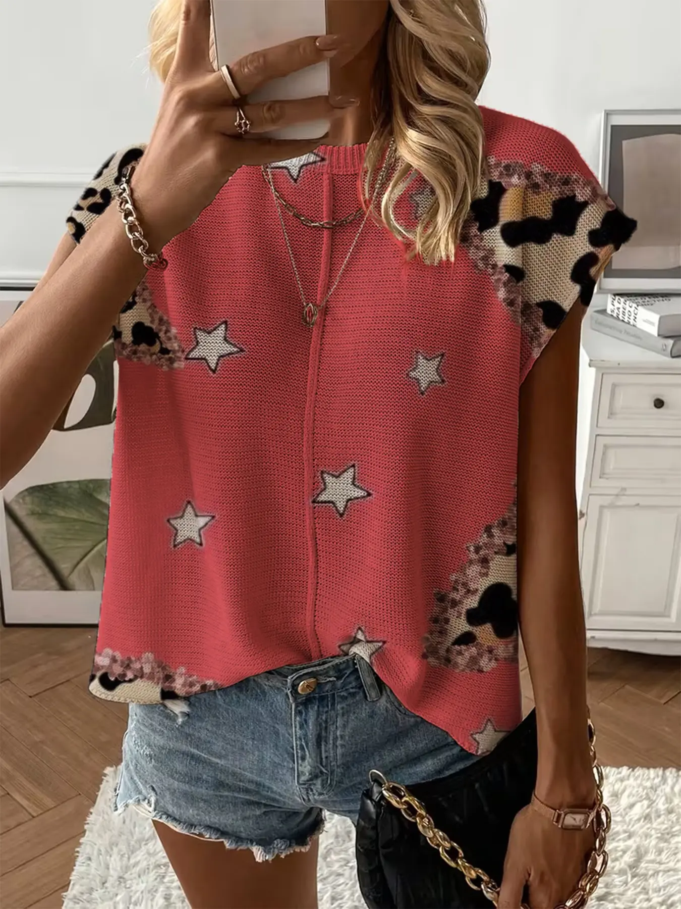 Spring Summer Women's Knit Top Blouse Shirts, Round Neck Shoulder Straps Loose Fit, Colorblock Leopard Print Short Sleeve, Casual Elegant Commute Wear, Womenswear