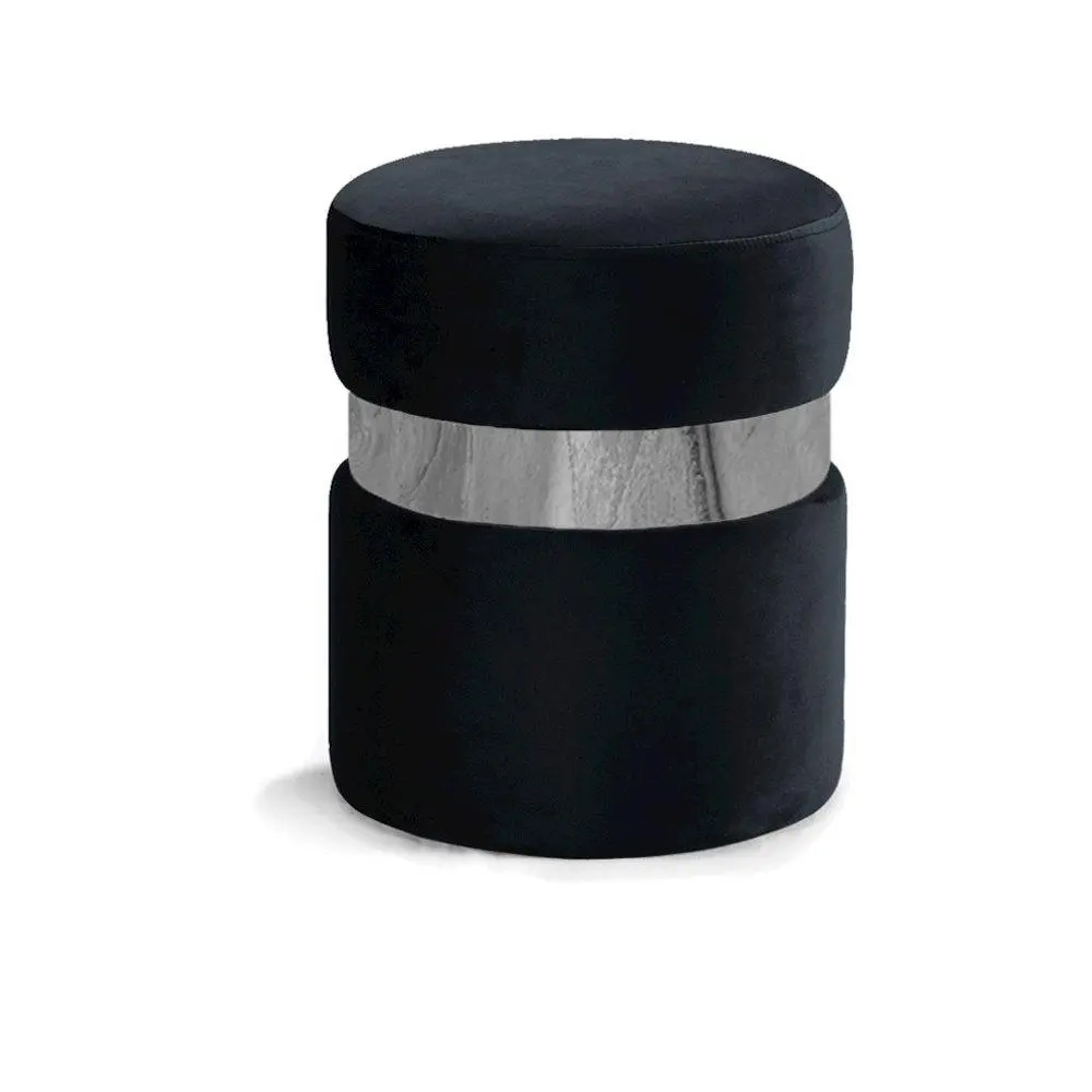 Hailey Black Velvet Ottoman-Stool, Indoor Furniture with Chrome Stripe, for Contemporary Home Decor