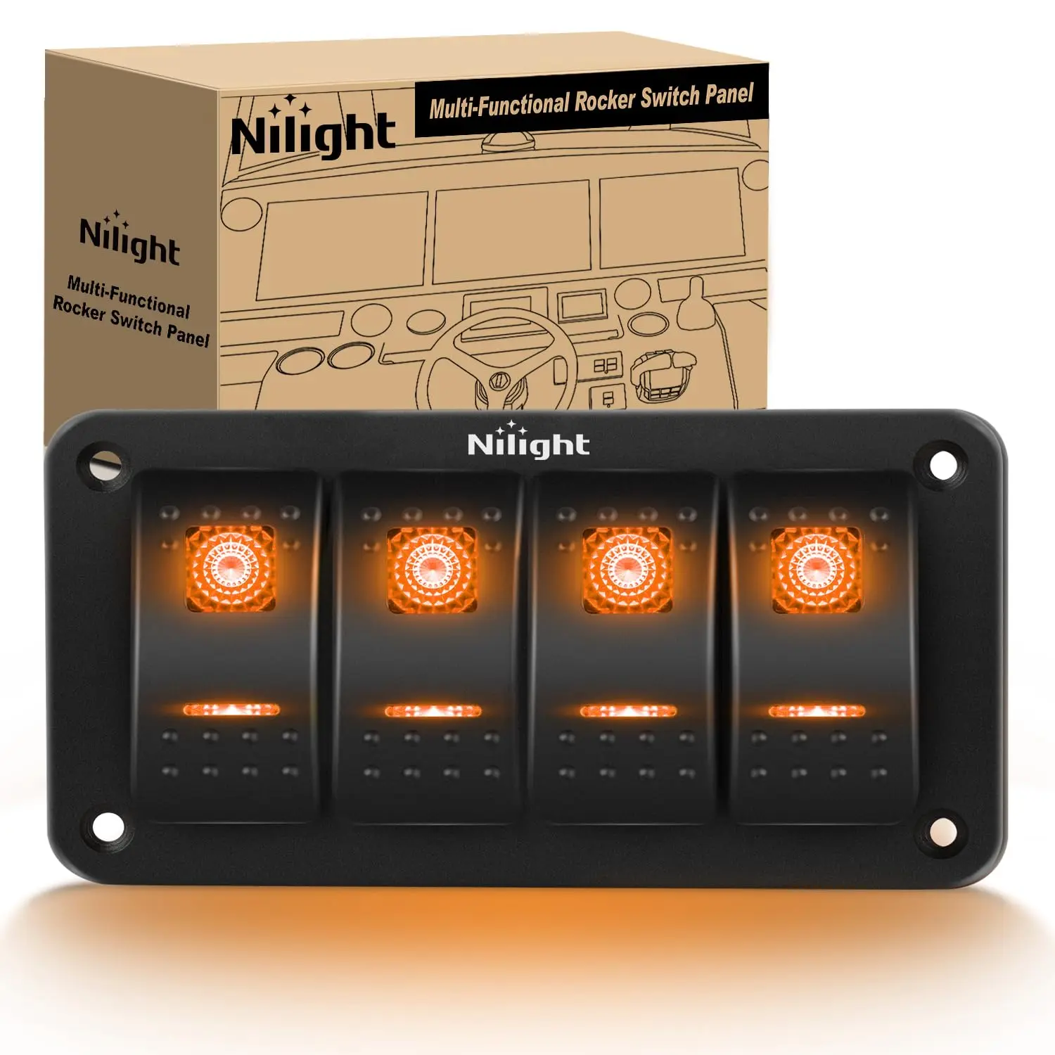 Nilight Multi-Gang Aluminum Rocker Light Switch Plate, Pre-Wired 5-Pin LED Backlit Orange Toggles, Waterproof for DC 12V/24V Cars, Marine Boats, Rocker Switch