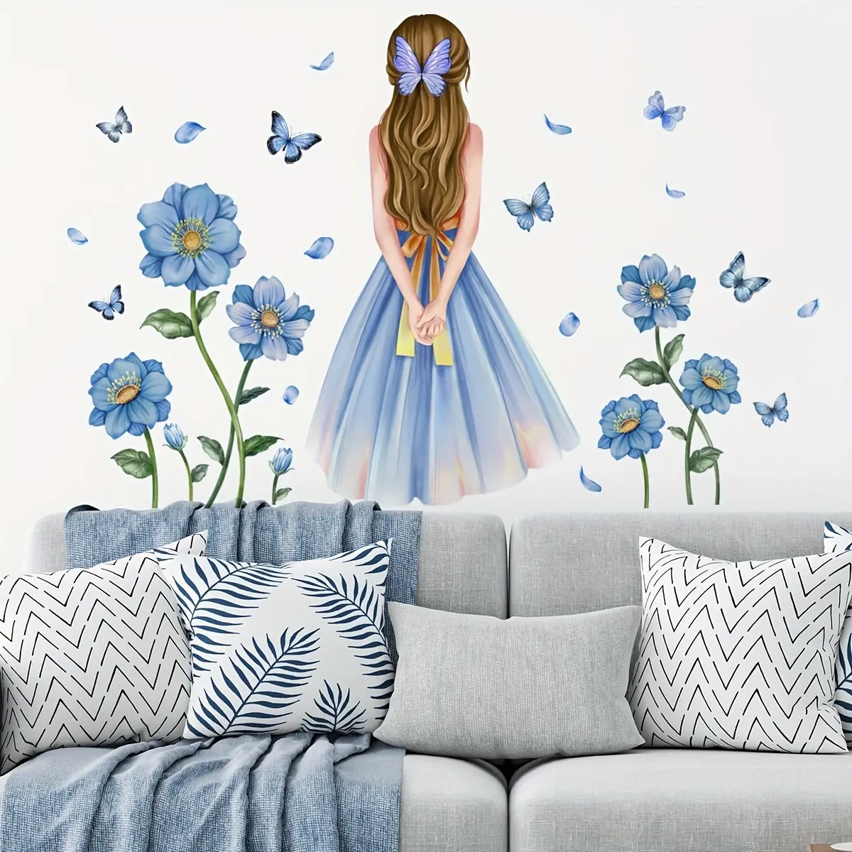 A set of two (30*90cm*2pcs) plant, flower, girl and butterfly Decorative wall sticker for living room and room decoration, self-adhesive wall decals MS4190-ZC