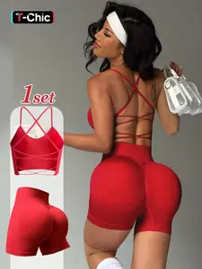Two-piece Set Women's Solid Crop Sports Bra & High Waist Shorts Tracksuit Set, Sporty Casual Breathable for Yoga Gym Workout Running, Ladies Sportswear for All Seasons, Workout Sets Women, Gym Clothes Set