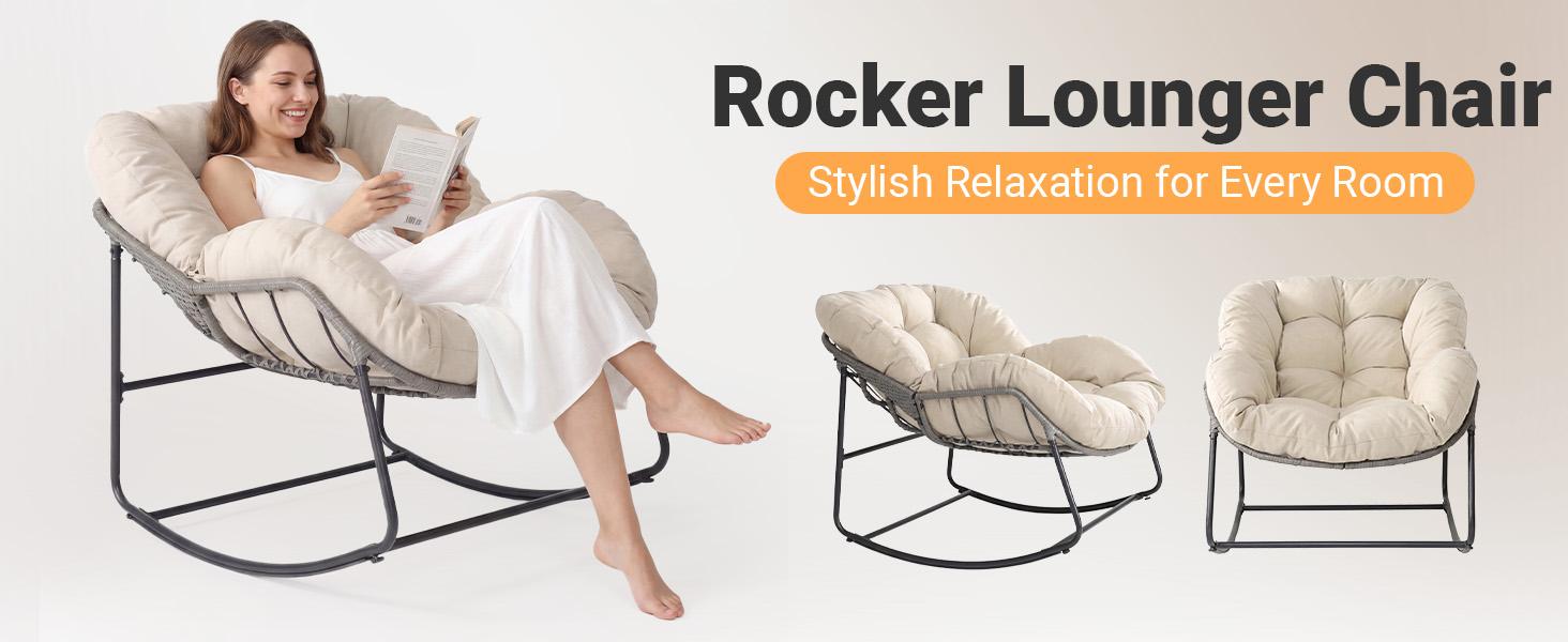 Outdoor Rocking Chair with Thick Cushion,300lbs Capacity, Indoor Egg Rocking Chair with Adjustable Backrest for Backyard, Balcony, Living Room Outdoor Rocking Chair with Thick Cushion,300lbs Capacity, Indoor Egg Rocking Chair with Adjustable Backrest for Backyard, Balcony, Living Room