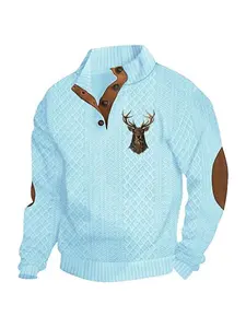 fall outfits Men's autumn and winter fashion jacquard diamond-patterned color-blocking top and hoodie, Christmas hit reindeer print, semi-open button design, brown patches on the elbows, high-quality outfitfall outfits Men's autumn and winter fashion jacq