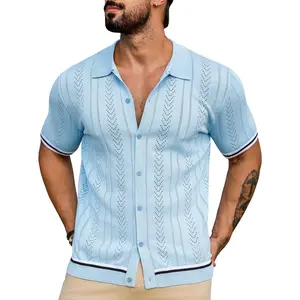 Men's Classic Knit Button Down Shirt - Casual Polo Short Sleeve Vintage Textured Summer Beach Vacation Top, Lightweight Breathable Fabric Perfect for Daily Wear