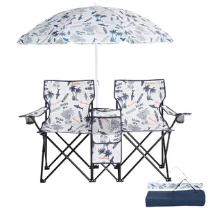 Camping Chairs, Folding Double Chair with Removable Umbrella, Cup Holders, Cooler Bag, Side Pocket & Carry Bag, for Beach, Outdoor, Sports, Concerts, Travel, Picnic