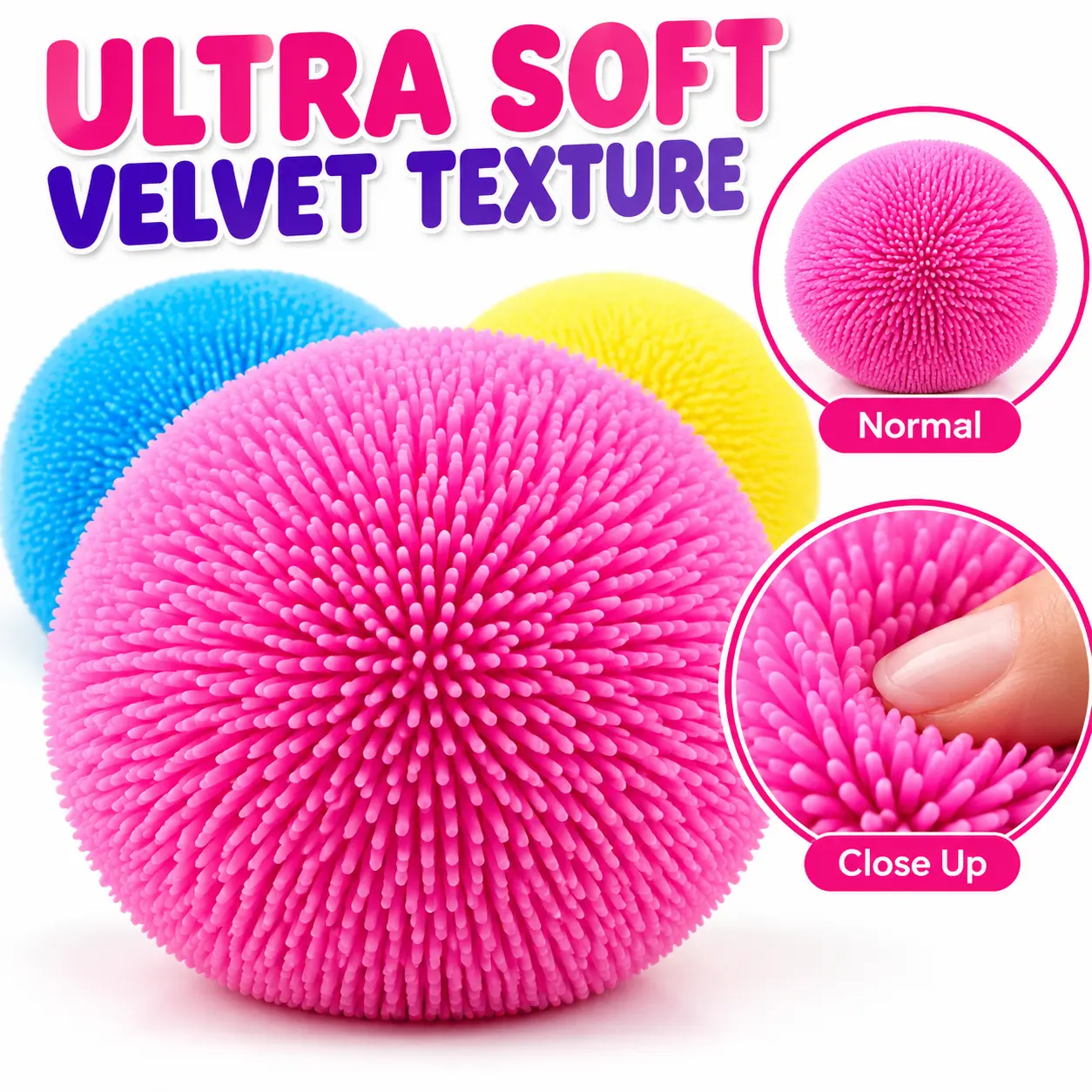 Fuzzy Squishy Ball Sensory Toy, Ultra Soft Spiky Fidget Ball, Velvet Texture Stress Relief Squeeze Toy for Kids & Adults