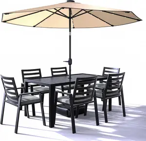 LeisureMod Chelsea Mid-Century Modern 7-Piece Outdoor Dining Set in Black Aluminum with Removable Cushions