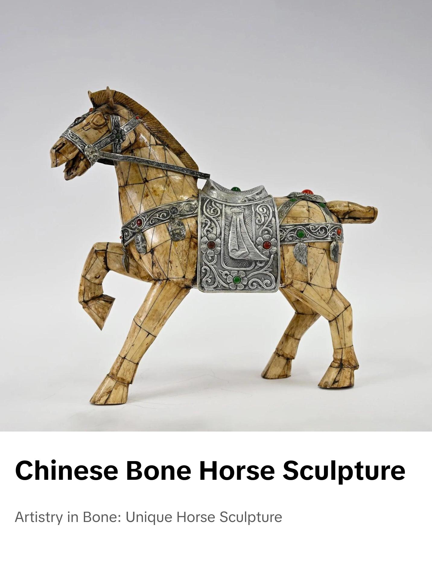 Chinese Bone Horse Sculpture | Flora and Gemstone-InlaidSaddle | Handcrafted Tessellated Design | Decorative Art Collectible | Unique