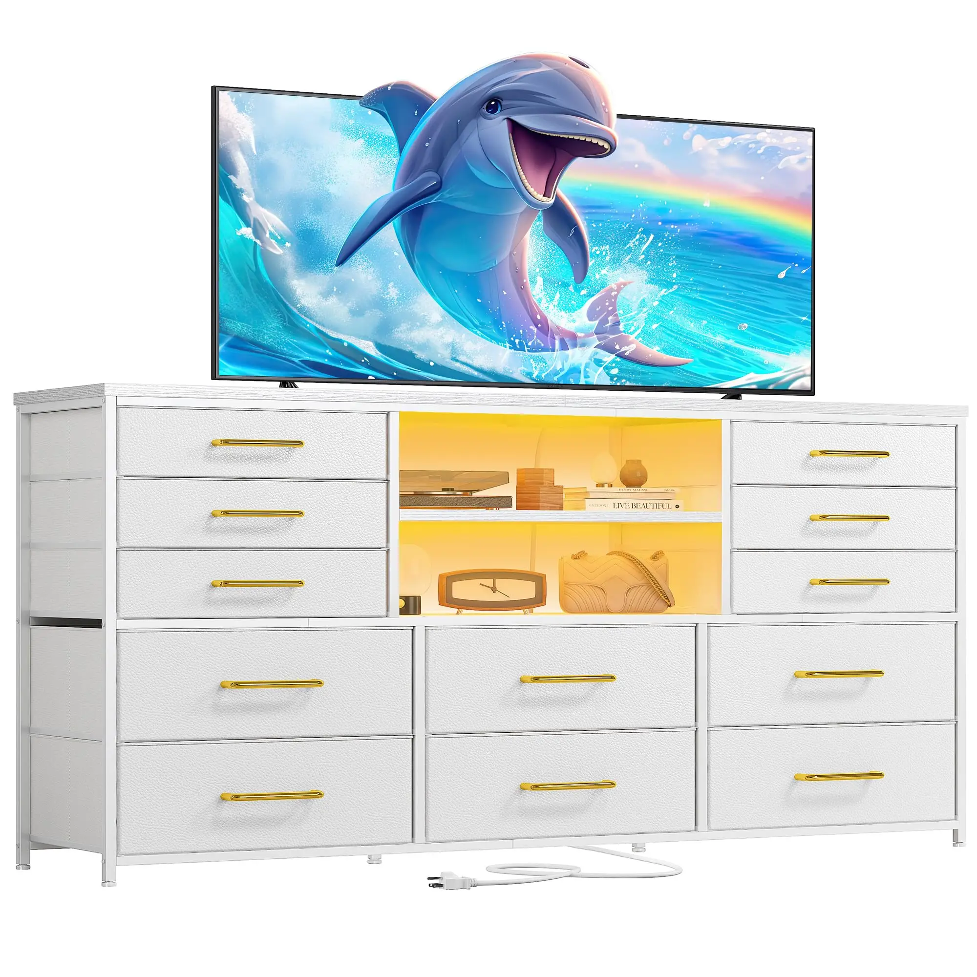 Raybee Furniture 12 Drawer Dresser for Bedroom,Fabric Dresser Organizer with LED Lights & Power Outlets, Long Dressers & Chest of Drawers, Sturdy Dres