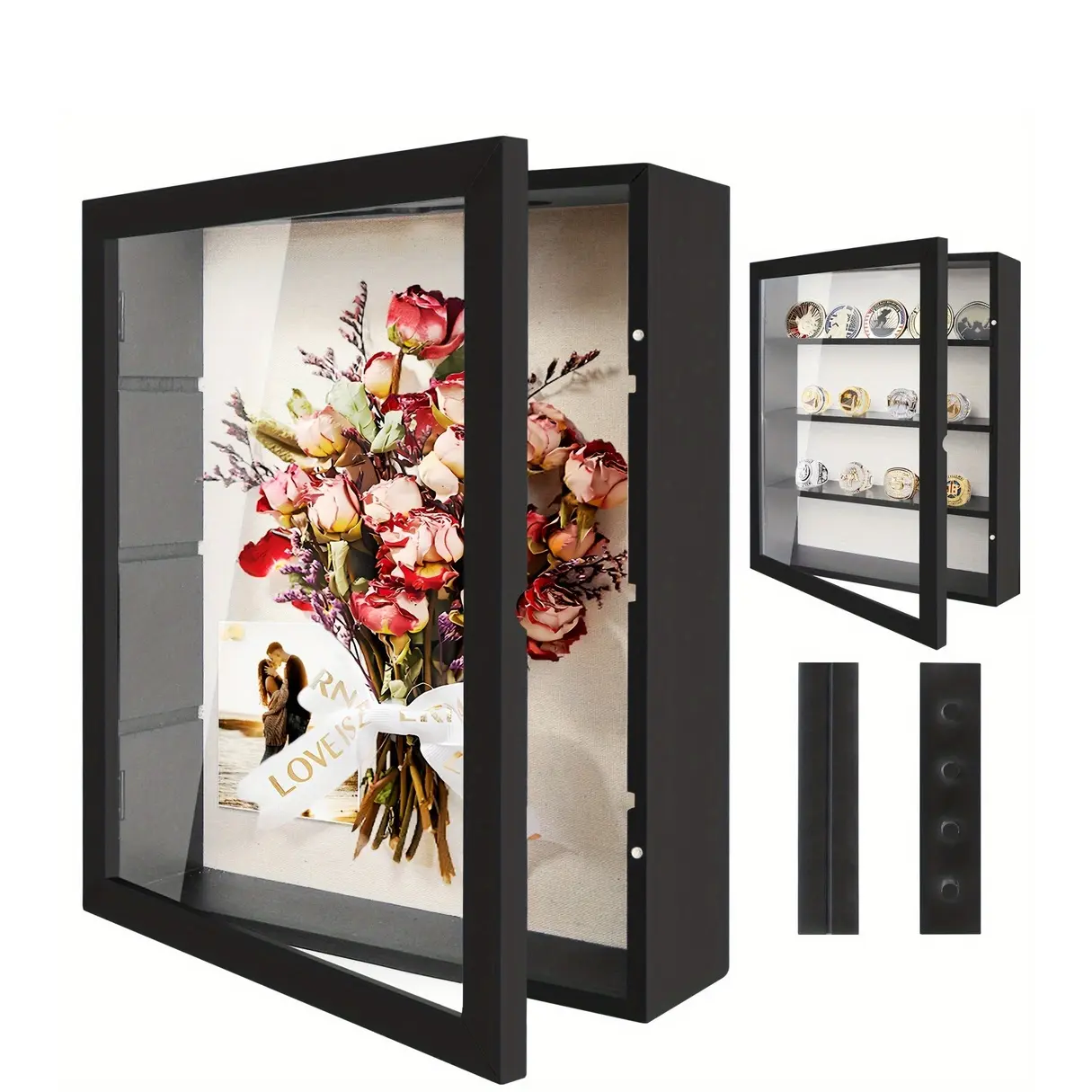 Rustic Photo Shadow Box Frame - 11x14/12x16 Large Memory Display Case with Linen Back, 4 Removable Shelves for Flowers, Championship Rings, Collectibles