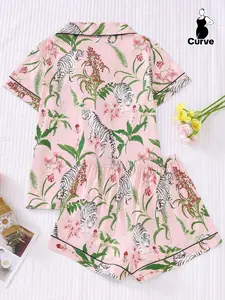 Flower tiger print Floral can be worn outside women's pajamas set, comfortable short-sleeved lapel button-down shirt and loose elastic shorts, casual four-season outdoor home women's pajamas and loungewear Nightwear