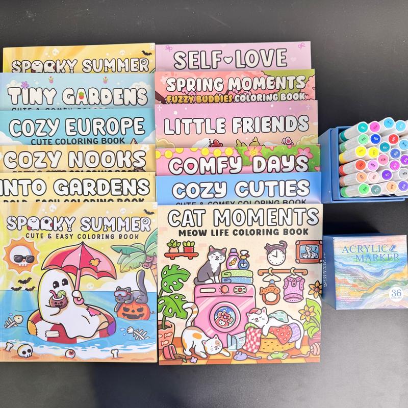 12-Piece Thick Coloring Book Set with 36 Colors, Coloring Book Markers, Cute Designs, Multiple Themes, Perfect for Daily Leisure & Holiday Gifts