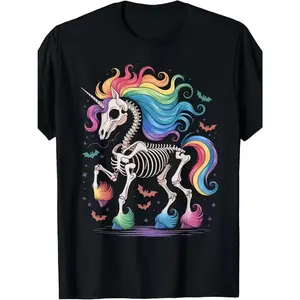 T-Shirt Featuring a Halloween-Themed Unicorn Skeleton with a Rainbow Design