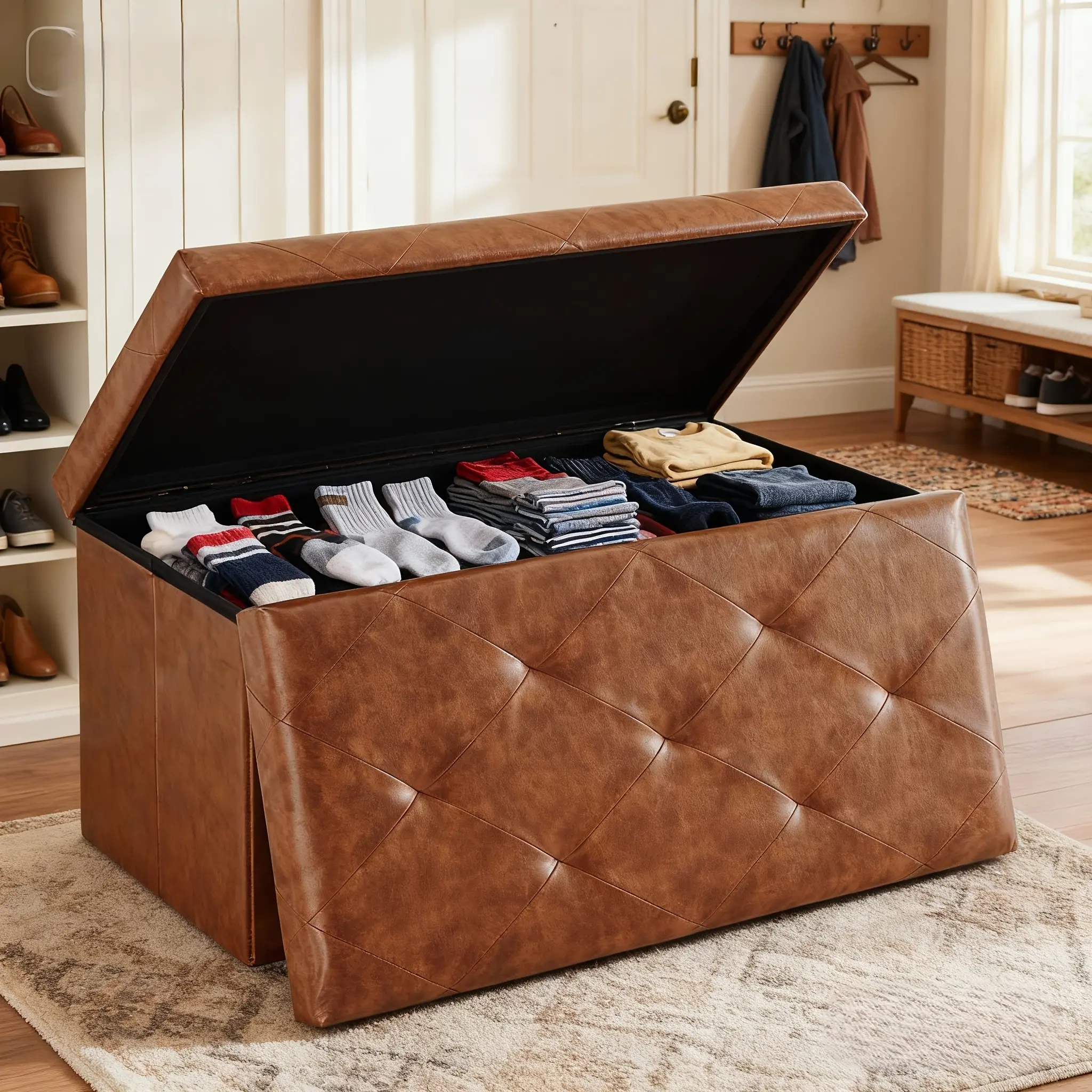 Multi-Functional Ottoman with Storage Bench | Folding Foot Rest Stool, Space-Saving, Load 660 lbs, Upholstered, Classic Style, Hardwood, OLIXIS for Living Room, Bedroom, Office, Dorm